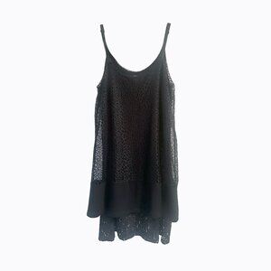 Vintage Kenar Black Lace Crochet Tiered Dress L Strappy Sheer Layered 90s Boho